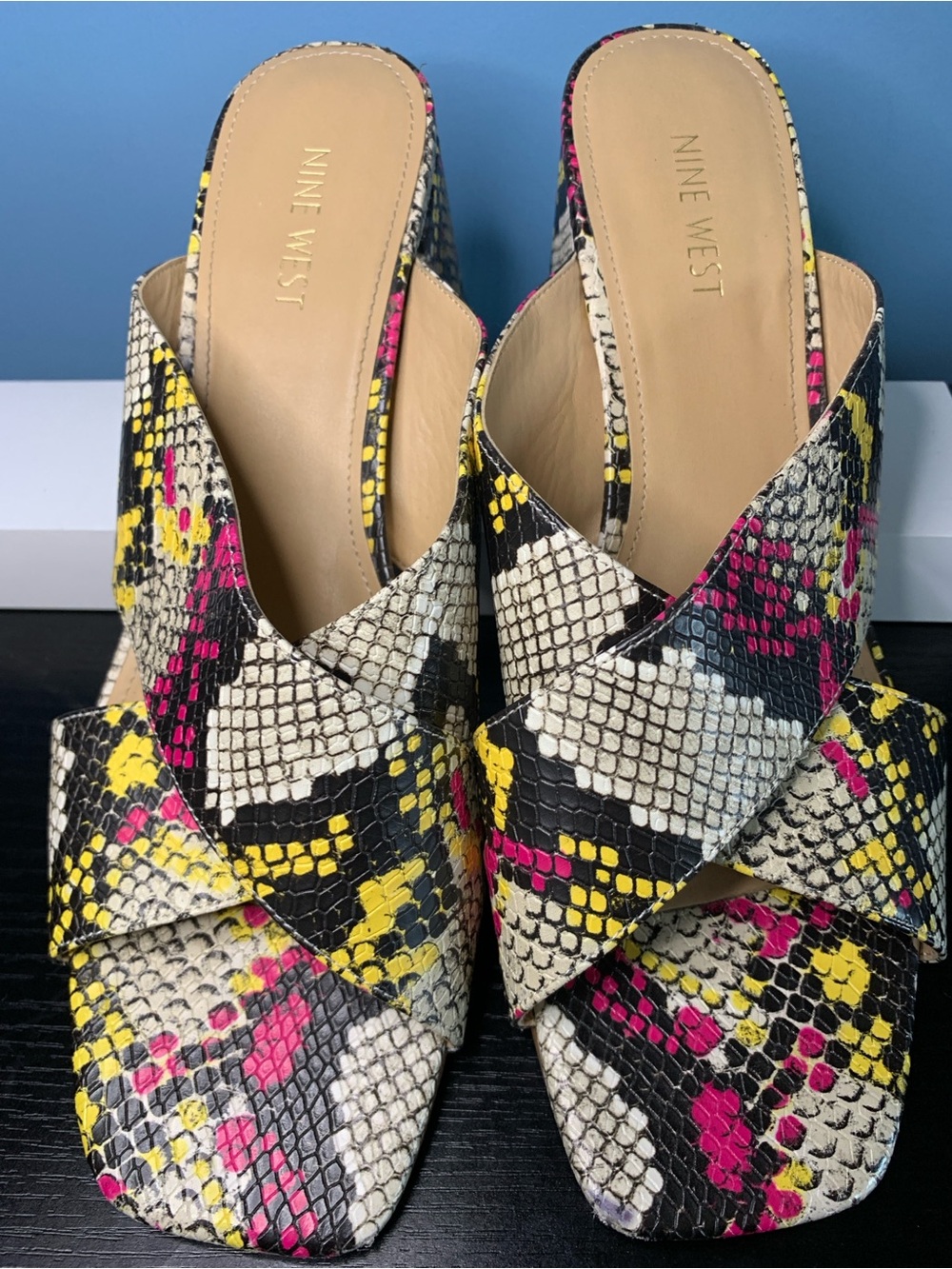 Nine West Snake-Print Slip-On Mules in Black, Cream, Yellow & Pink